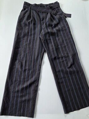 Vince Black Wide-Leg Pants with Blue Pinstripes